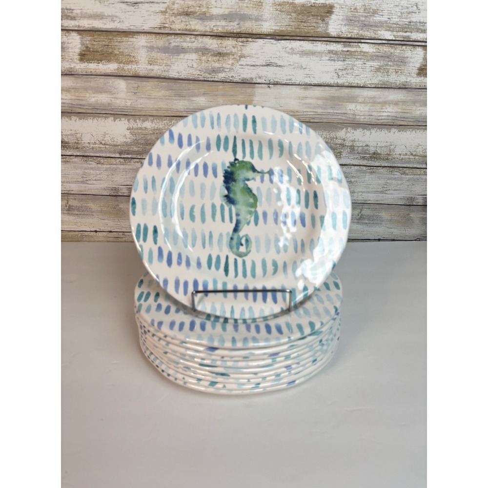 10 Pc Coastal Nautical‎ Melamine Plate Set Seahorse Theme by tag Living